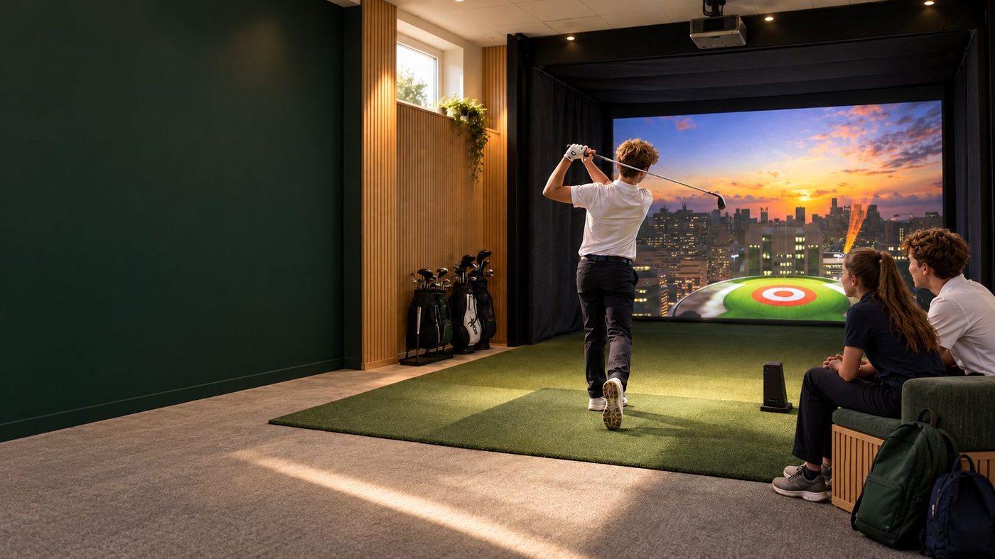 Students playing golf on a Trackman simulator at school
