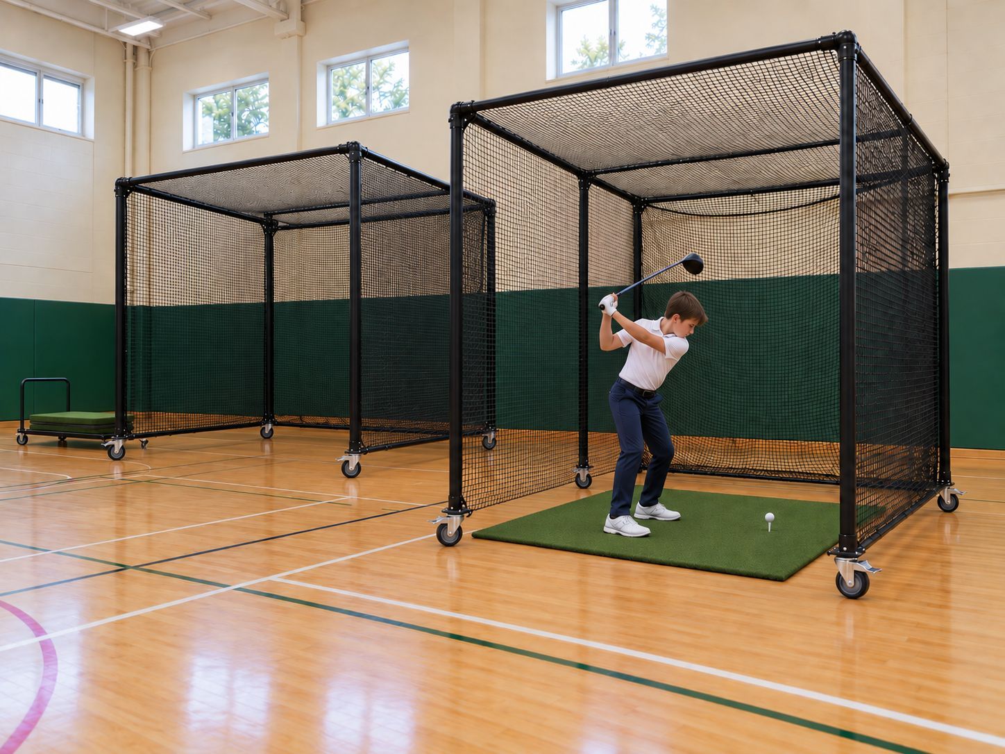 Mobile hitting bays in a school gym