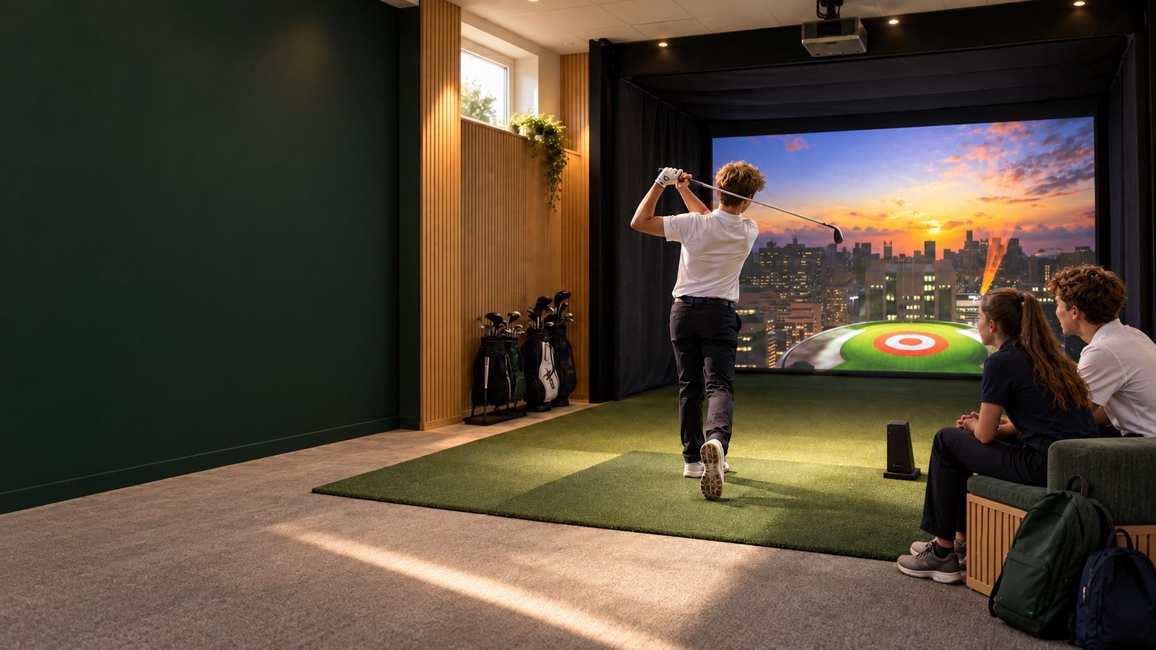 Students playing on a Trackman simulator at school