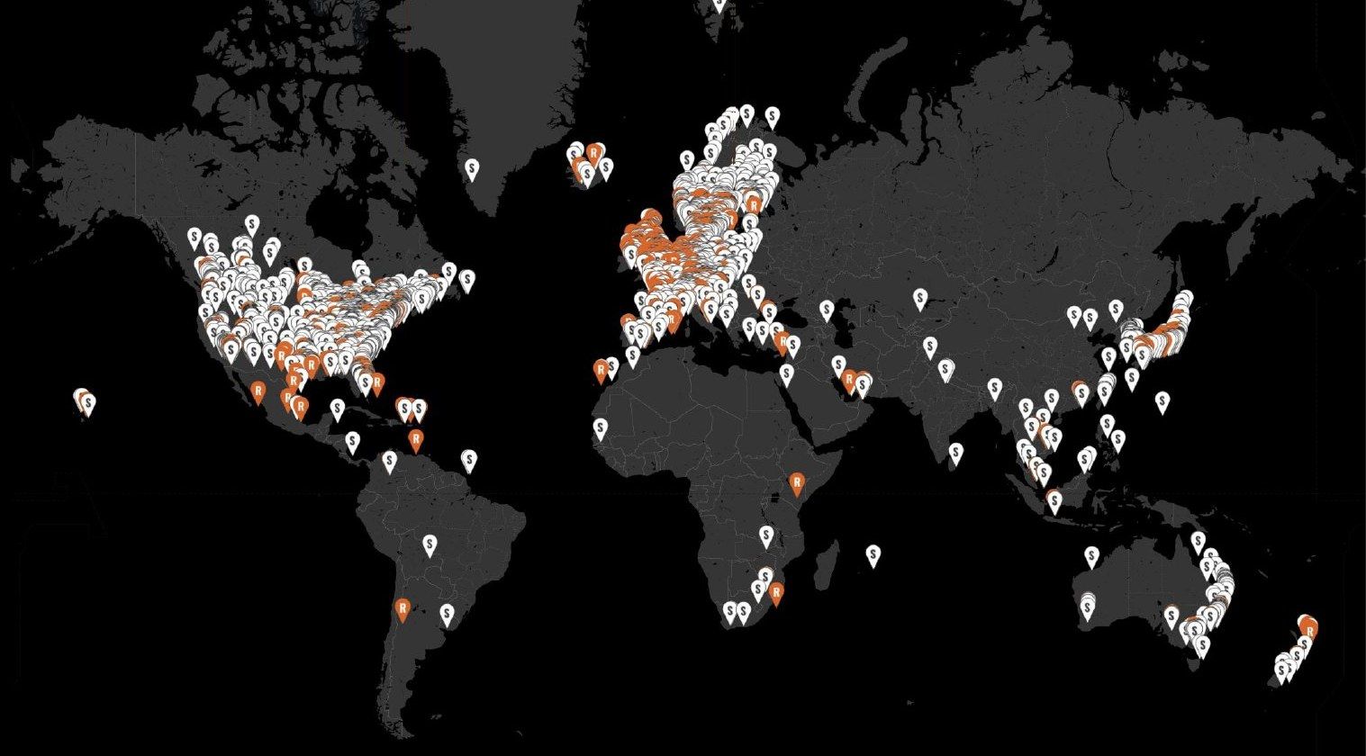 World map of Trackman-powered venues, dense across North America and Europe