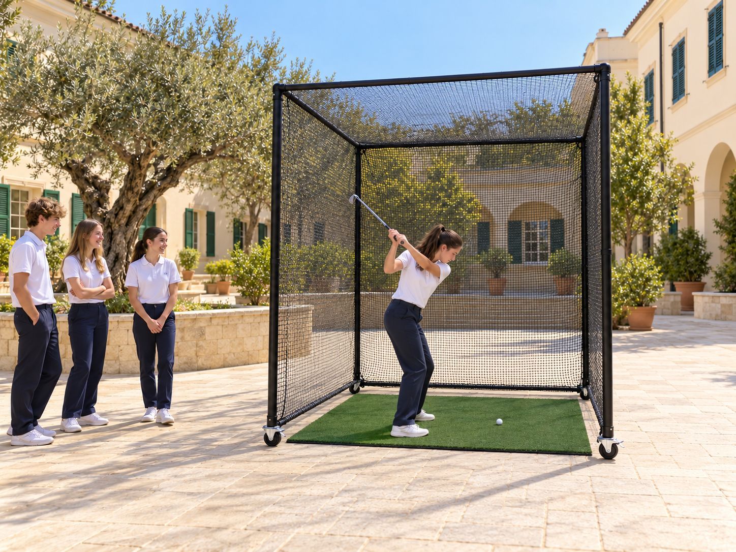 Mobile hitting bay in a school courtyard