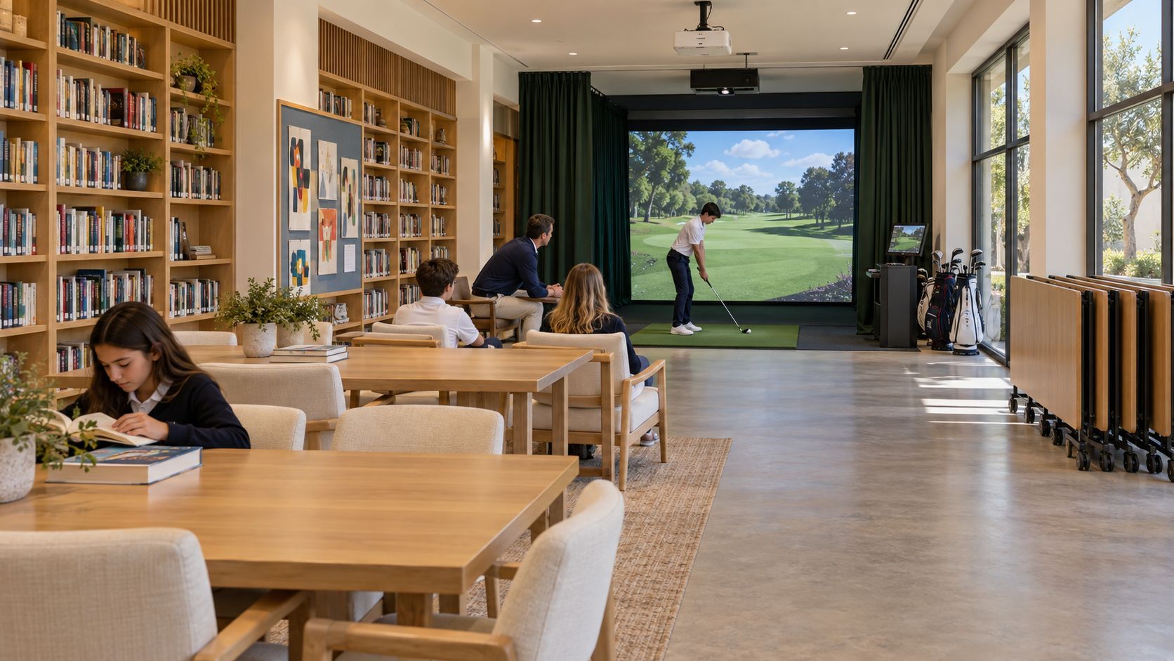 Simulator bay at the end of a school library