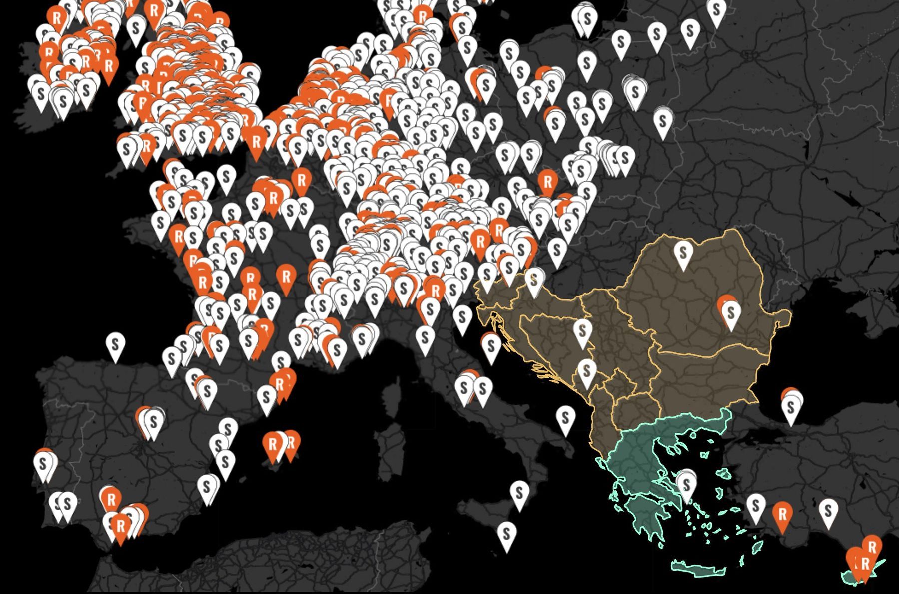 Europe map: dense across the north and west, sparse across the Balkans and Greece